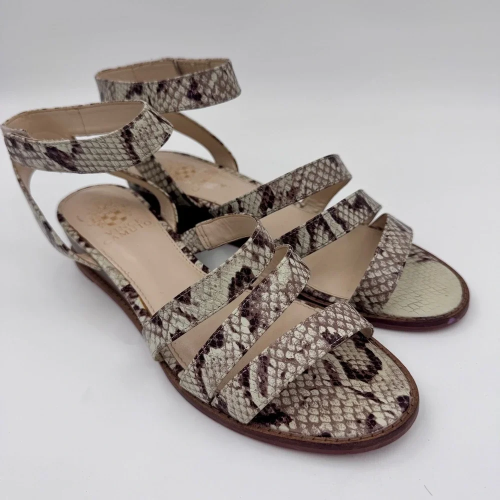 Vince‎ Camuto Womens Leather Snakeskin Print Strappy Sandals Tan Brown 8M | 38.5